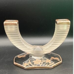 Vintage Art Deco frosted glass candle holder metallic overlay butterflies flower